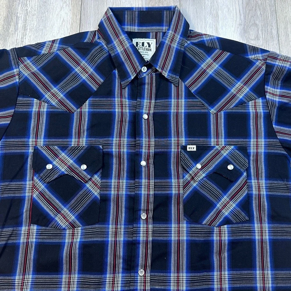 Ely Cattleman Mens Large Blue Red Plaid Pearl Snap Short Sleeve Western Shirt
